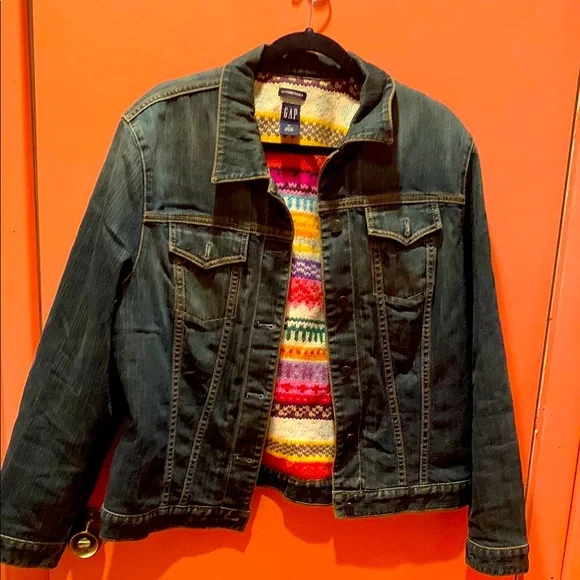 GAP Dark Blue Jean Jacket with Multicolor Inner Lining - Picture 1 of 11